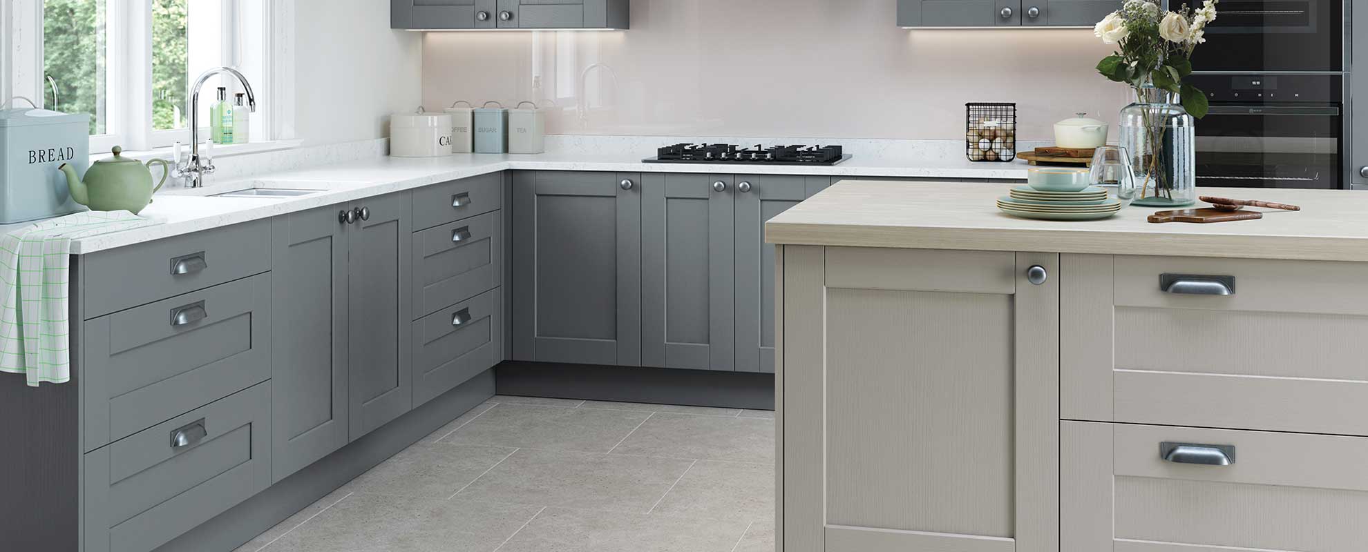 Kensington kitchen shown in Light Grey and Dust Grey